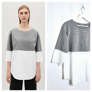 COS Mixed Media Jumper Top Gray White 3/4 Sleeve Layered Hem Women’s Size S